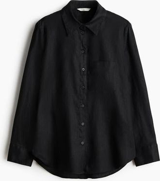 H&M Linen Shirt in Black at Nordstrom, Size Xx-Small