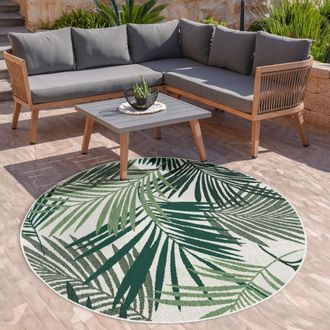 Paco Home Paco Home - Alfombra Interior Y Exterior De Tejido Plano Jungla Dise&ntilde;o Floral Palmeras Tallado Verde &Oslash; 200 Cm Redondo