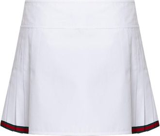 Gucci Womens White Poplin Pleated Miniskirt With Web Detail Cotton Skirt