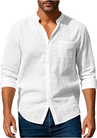 Generic Mens Linen Shirts Long-Sleeve Button Down Solid Round Neck Shirt Cotton Blouse Lightweight Shrink Free Henley T-Shirts Tops Loose Fit Long Sleeve Summ