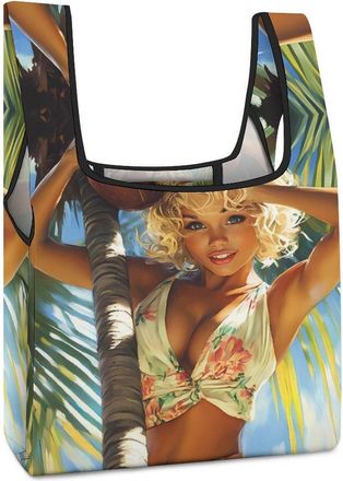 Generic Pacificaisland Coconut Pin Up Girl Shopping Bag Reusable Grocery Tote Bag Foldable Handbag for Travel Picnic