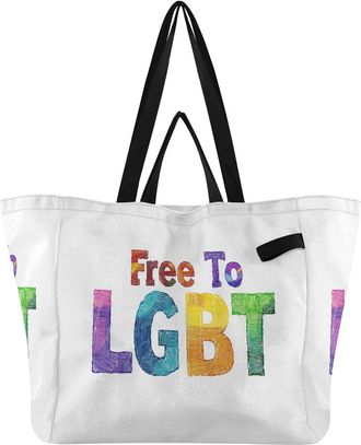 Generic Lgbt Rainbow print Reusable Canvas Tote Bag, Heavy Duty Grocery Shopping Bag with Hard Bottom Double Handles Large Capacity Work Groceries Travel