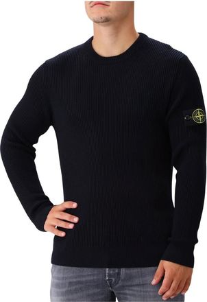 Stone Island Donkerblauwe Wol Ribgebreide Trui - Heren - Ronde hals truien - Blauw - S - Wol - Truien & Vesten