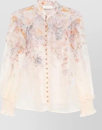 Zimmermann silk linen floral print sheer high neck long sleeve midi dress