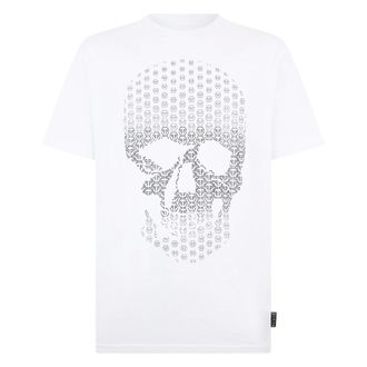 Philipp Plein Tops, Heren, Wit, XL, Katoen, Ronde Hals T-Shirt Skull Strass