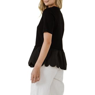 English Factory Mixed Media Scallop Peplum Cotton Top in Black at Nordstrom Rack, Size X-Small