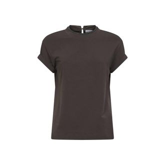 Brunello Cucinelli Brunello Cucinelli, T-Shirts, female, Brown, Size: XS Cotton stretch T-shirt with monili collar