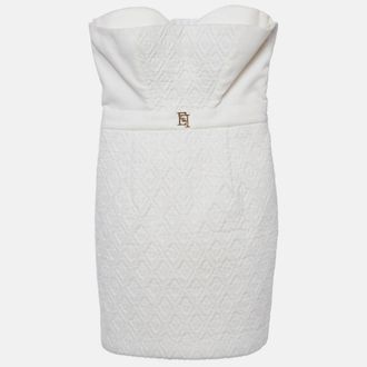 Elisabetta Franchi Off White Textured Velvet Strapless Mini Dress