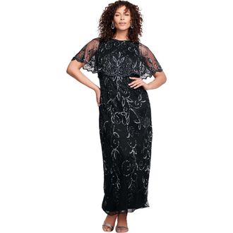 Roaman's Plus Size Beaded Capelet Maxi Gown Glam Evening Dress in Black at Nordstrom, Size 14
