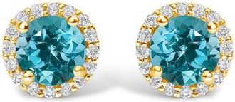 House of Brilliance 10K Gold Gemstone and 1/6 Cttw Diamond Halo Stud Earring in Yellow | Blue Topaz at Nordstrom