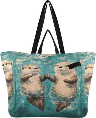 Generic Otter Teal Sea print Reusable Canvas Tote Bag, Heavy Duty Grocery Shopping Bag with Hard Bottom Large Capacity Double Handles Work Groceries Travel