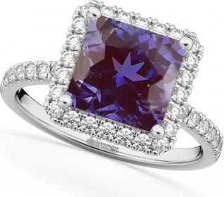 Allurez Princess Cut Halo Lab Alexandrite & Diamond Engagement Ring 14K White Gold 3.47ct