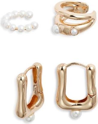 Open Edit Set of 4 Cultured Pearl Ear Cuffs & Hoop Earrings in White- Gold at Nordstrom Rack