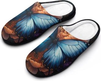 Generic Blue Butterfly Peony Florals Mens Slippers Comfortable And Non-slip Cotton Slipper Shoe for House