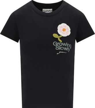 Ganni T-SHIRT BABY FIT CROCHET GRIGIO ANTRACITE GANNI