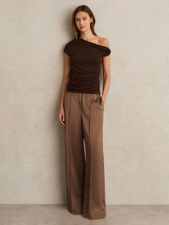 Reiss Taupe Neutral Satin Wide Leg Elastic Waist Trousers, 18R