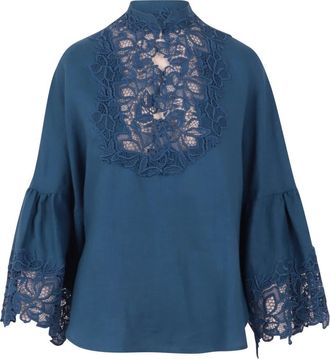 Ermanno Scervino Geborduurde Blouse met Wijde Mouwen - Dames - Blouses - Blauw - XL - Overhemden