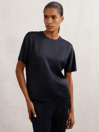 Reiss Navy Silk Short-sleeve Top, 10