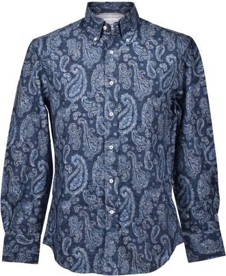 Brunello Cucinelli Blue Paisley Slim Fit Shirt, Size Small
