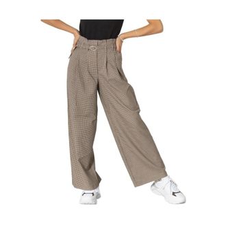 Only Only - Broek met Hoge Taille en Wijde Pijpen in Ruitpatroon - Dames - Broeken - Beige - Maat: S L32 Leer