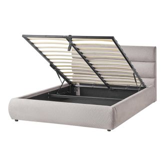 Beliani Cama De Lino Tapizado De Tela 140 X 200 Cm Con Almacenaje Gris Bonifacio