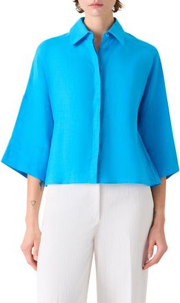 Akris Crop Washed Linen Shirt in Turquoise at Nordstrom, Size 10