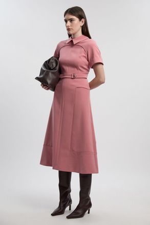 Karen Millen Womens Petite Compact Stretch Tab Detail Full Skirted Midi Dress - Rose - Size 14 UK