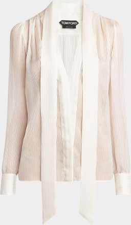 Tom Ford Micro Striped Silk Chiffon Plunging Lavalliere Blouse