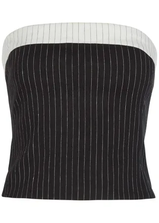 Alice & Olivia Kelly Pinstriped Strapless Linen-blend top - Black And White - 10 (UK14 / L)