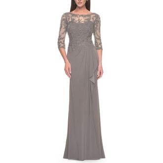 La Femme Long Evening Gown with Lace Illusion Sleeves and Neckline in Platinum at Nordstrom, Size 20