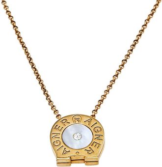 Aigner Mother Of Pearl Crystal Gold Tone Metal Necklace