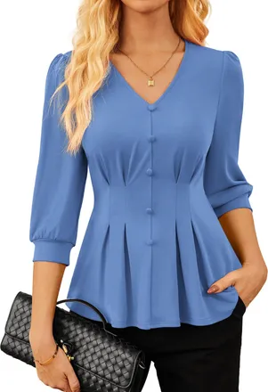 Grace Karin Womens Tops Elegant Plain Knitwear Top Autumn Blouse Clothes Tops for Women UK with Buttons Lightweight Pleated Shirt Light Blue M