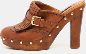 Ralph Lauren Brown Leather Fringe Detail Platform Clogs