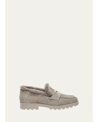 Santoni Shearling-Lined Suede Penny Loafers