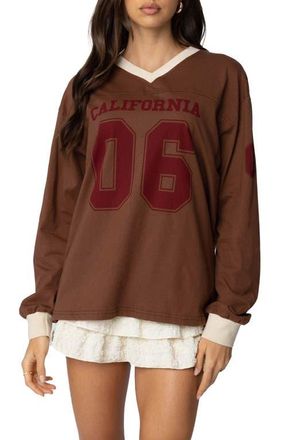 Edikted Cali 06 Oversize Long Sleeve Cotton Graphic Football T-Shirt in Brown at Nordstrom, Size Small