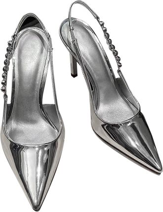 Generic Momolaa Womens Slingback Heels Size UK 5.5 Pointed Toe Metallic Stiletto Slingback Sexy Wedding Party Prom Dress Sandals Trendy Ladies Footwear Silver