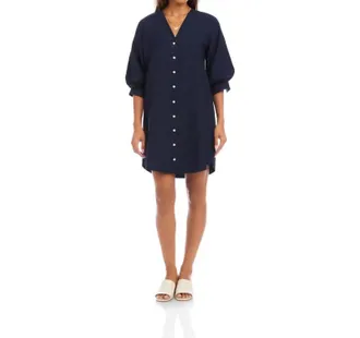Karen Kane Lantern Sleeve Pearl Button-Front Mini Dress In Navy