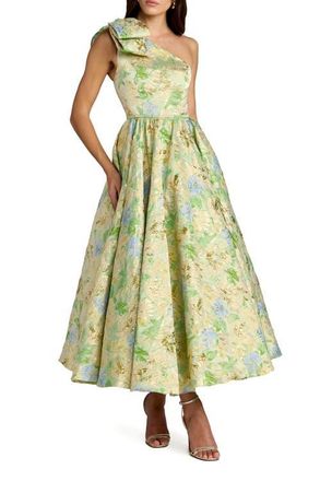 Mac Duggal One-Shoulder Floral Brocade Midi Dress with Bow Detail in Green Multi at Nordstrom, Size 12