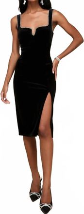 Lulu Castagnette Posh Sparkle Velvet Rhinestone Notched Midi Dress In Black