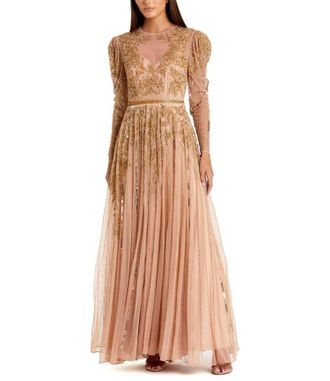 Mac Duggal Beaded Illusion Puff Sleeve Gown In Nude Gold