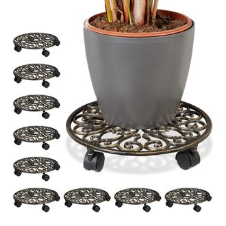 Relaxdays 10 Soportes Redondos Con 4 Ruedas Para Plantas Hecho De Hierro Fundido Resistentes A La Intemperie, &Oslash; 33,5 Cm, Bronce