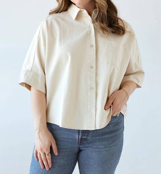 Olivaceous Lauren Relaxed Short Sleeve Cotton Button Down In Beige