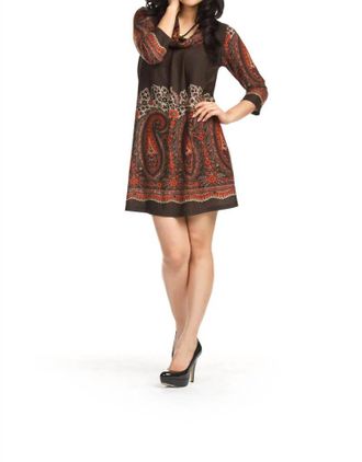 Papillon Paisley Print Cowl Neck Pleats Front Dress In Black/red