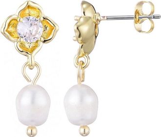 Adornia Adornia 14K Plated 6-8Mm Pearl Crystal Flower Earrings