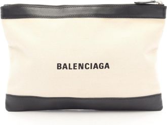 Balenciaga Black Ivory Canvas Leather Clutch Bag (Pre-Owned)
