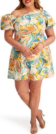 Kensie One-Shoulder Puff Sleeve Fit & Flare Dress in Ivory Multi at Nordstrom Rack, Size 3X