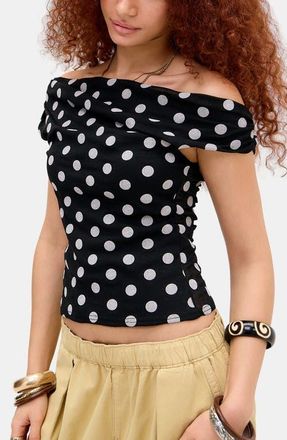 BDG Fia Off the Shoulder Polka Dot Mesh Top in Black Spot at Nordstrom, Size X-Small
