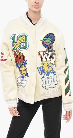 Off-white SEASONAL Bomber SLOGAN with Leather Sleeves and Embellishments Off-White