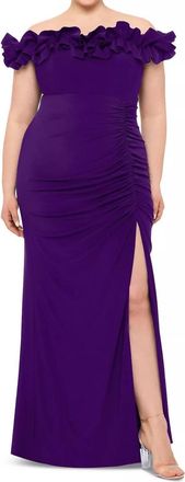 Xscape Ruffled Off-The-Shoulder Long Sheath Dress In Purple