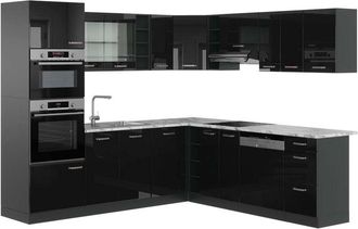 Vicco Cucina angolare completa R-Line, Nero lucido/antracite, 237 x 247 cm, pl Marmo